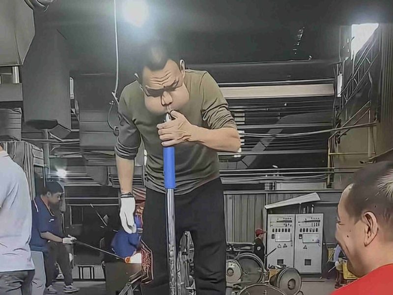 Стъклодухачът на китайския „принц жаба“ има необичайно изпъкнали бузи след 30 години работа