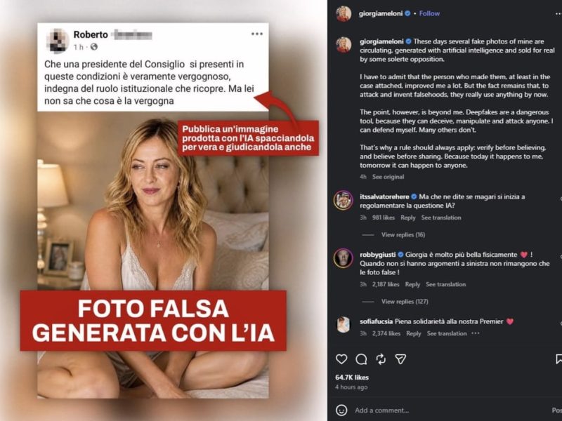 Италианският премиер Мелони предупреждава за фалшиви фалшиви фалшиви снимки на AI след разпространението на нейни фалшиви снимки